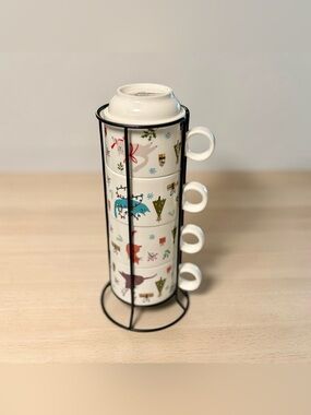 Pier 1 Imports (Grace) Christmas Cats Stacking Mugs Set of 4 with Metal Rack